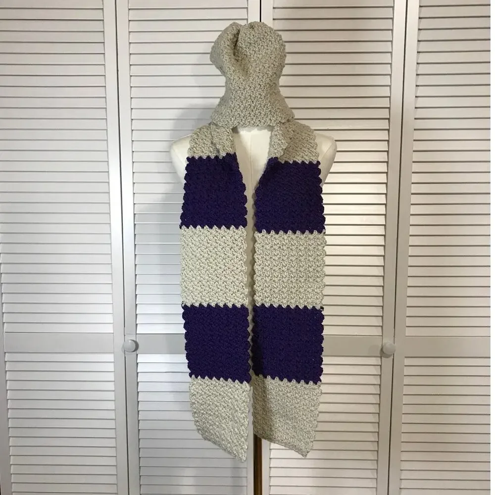 NWT Handmade Crochet Textured Winter Beige Purple Scarf 65” & Beanie